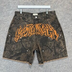 YoungLA Gangsta Jorts Denim Shorts Men Large Double Knee Dark Tree Camo Graffiti